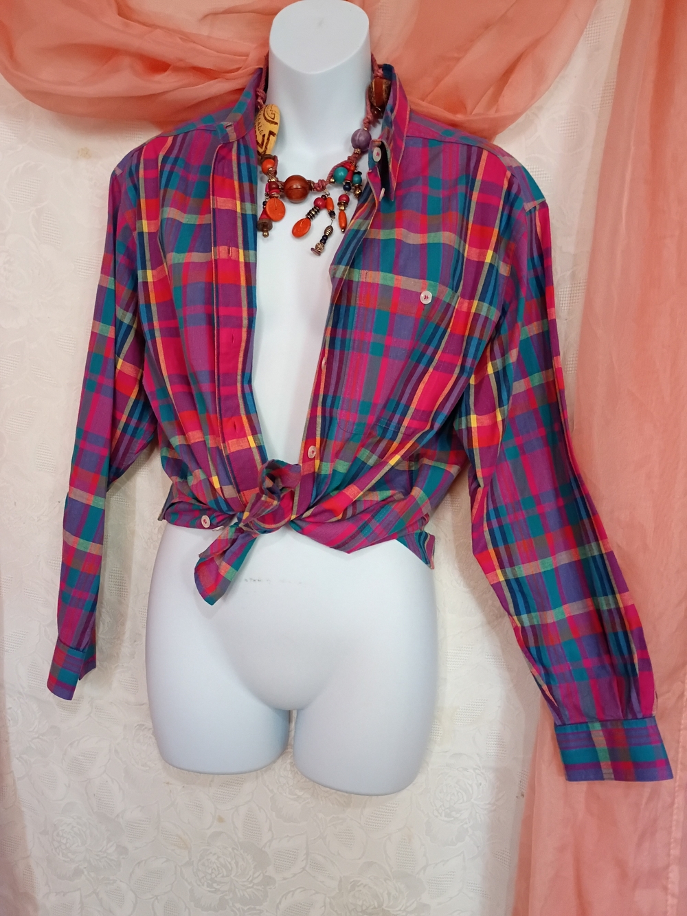 Liz Sport Ladies Tie-Front Plaid Button-Down Shirt in Pink Sz MP
